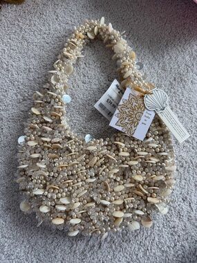 Famous Marshalls Handmade Beaded Shell Shoulder Bag in Cream Pearlescent
